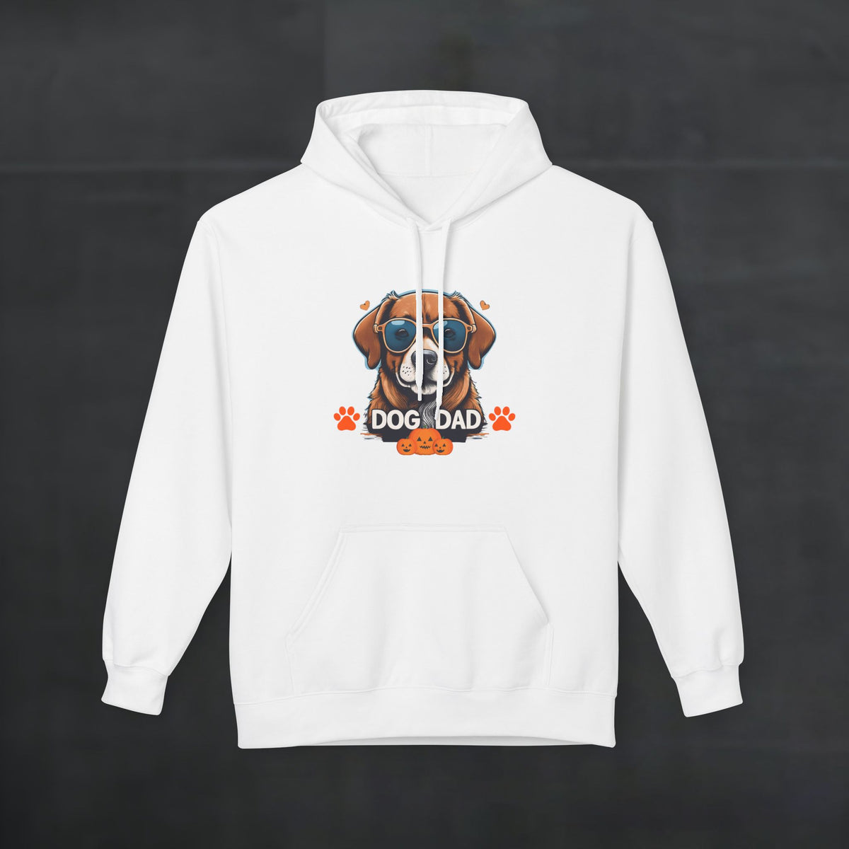 White hoodie mockup featuring a colorful dog face graphic with “Dog Dad” text, trendy pet lover hoodie with bold vibrant design and clean white background.
