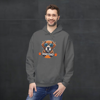 Man wearing a charcoal gray “Dog Dad” hoodie with colorful dog graphic design, cozy pet lover hoodie mockup with relaxed casual fashion.