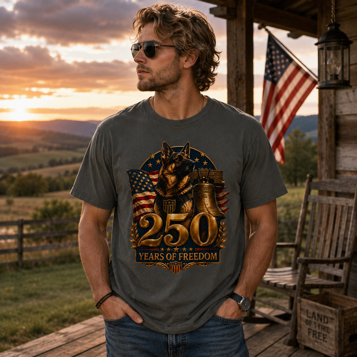 250 Years of Freedom Patriotic T-Shirt — American Flag, Liberty Bell & K9 Tribute