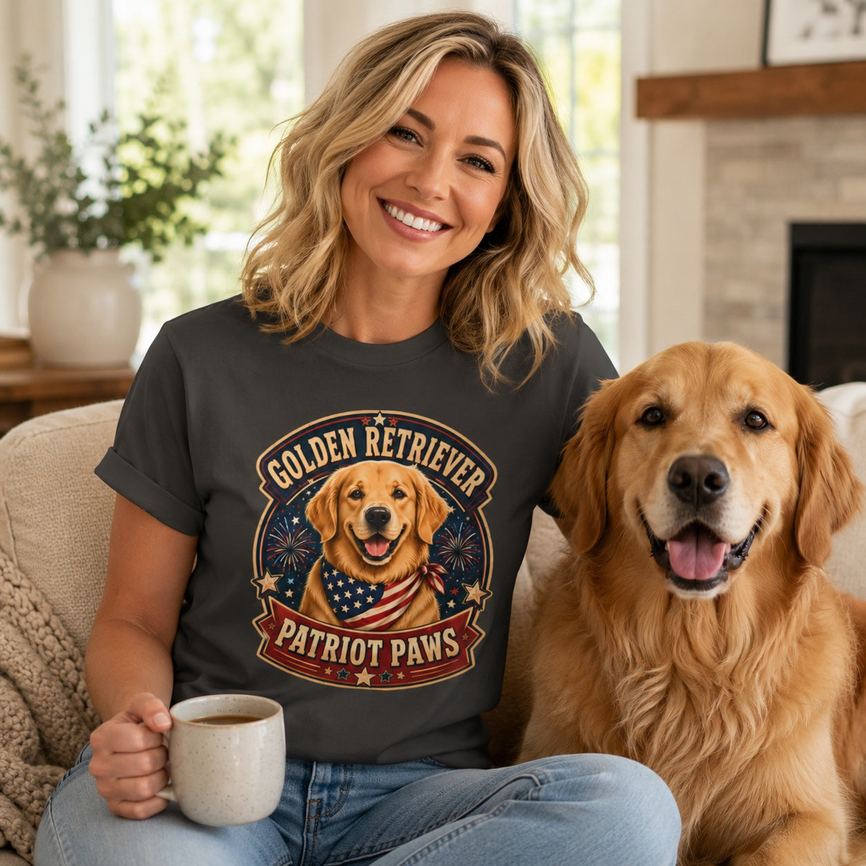 Golden Retriever Patriot Paws T-Shirt | American Flag Bandana Dog Tee | Pet Print Lab