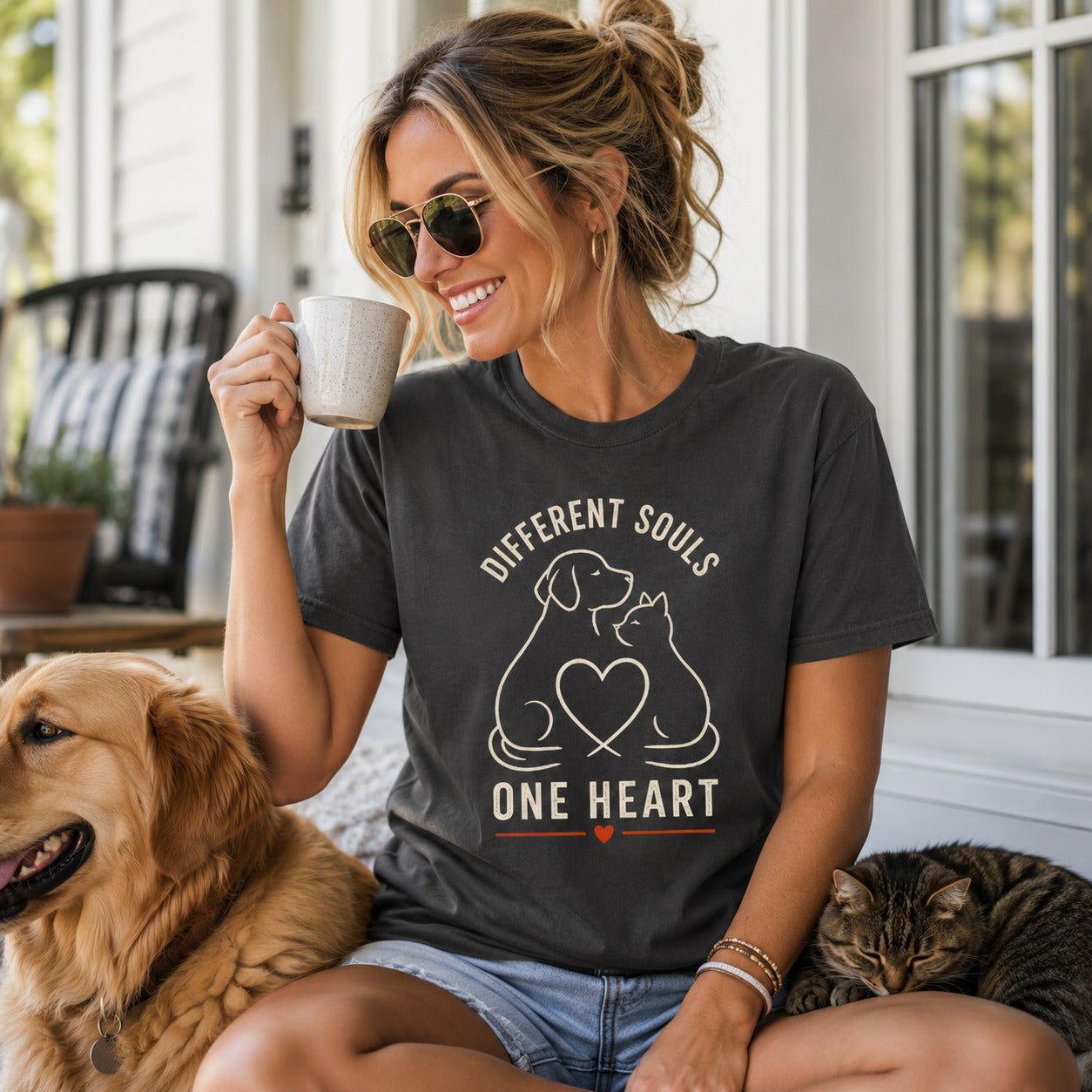 Different Souls One Heart T-Shirt | Dog & Cat Lover Tee | Pet Print Lab