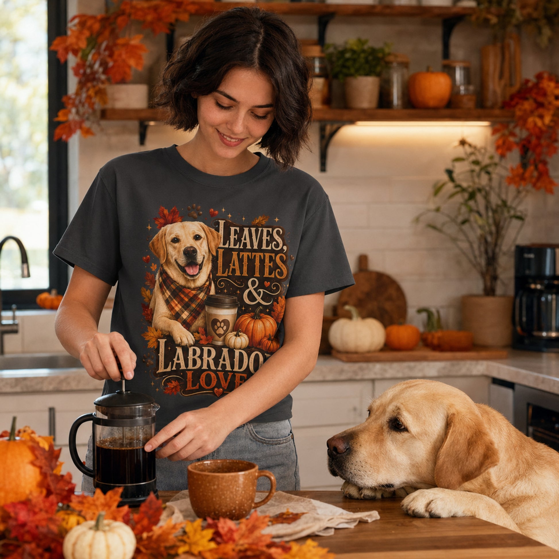 Model wearing a graphite Leaves Lattes & Labrador Love t-shirt with a Labrador in an autumn scene
