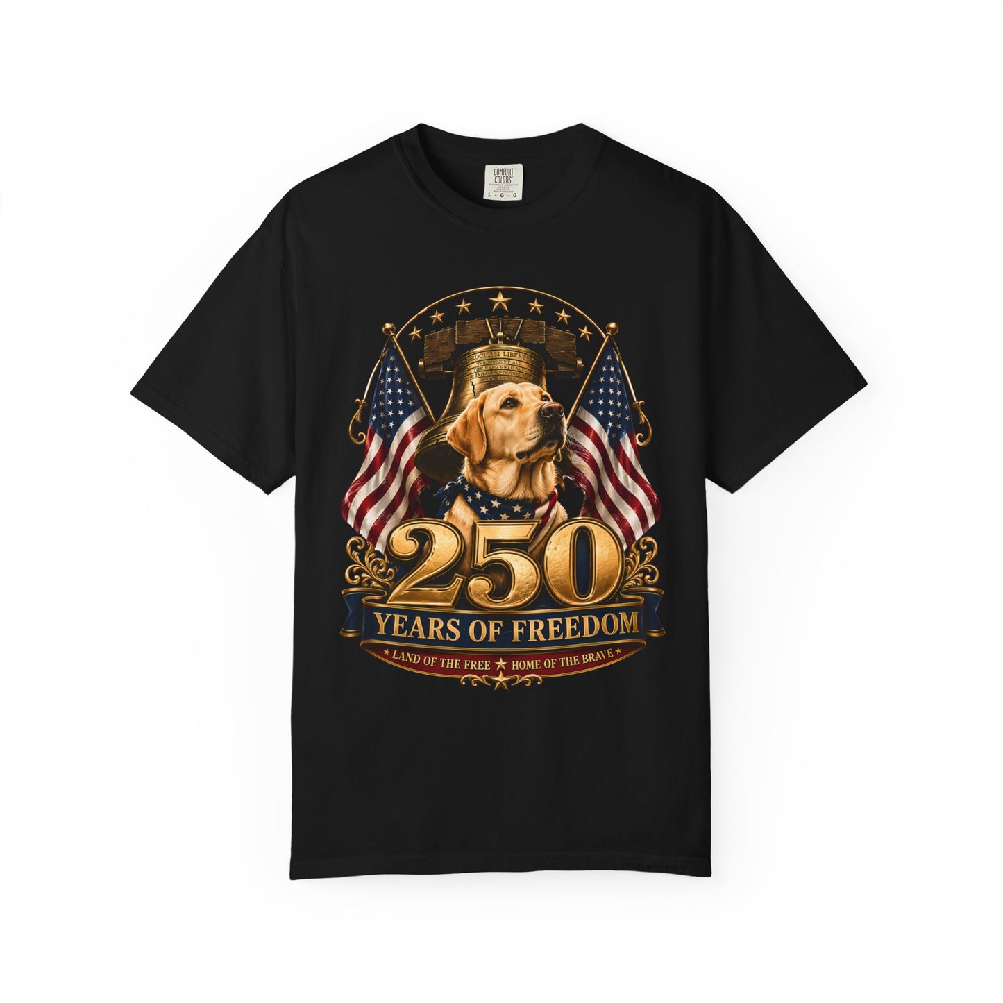 Patriotic 250 Years of Freedom T-Shirt — Golden Labrador & Flags Memorial Tee