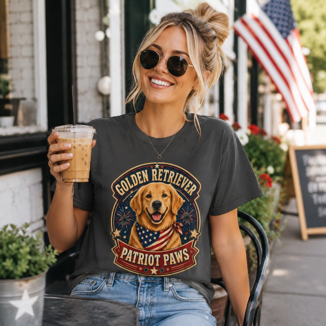 Golden Retriever Patriot Paws T-Shirt | American Flag Bandana Dog Tee | Pet Print Lab