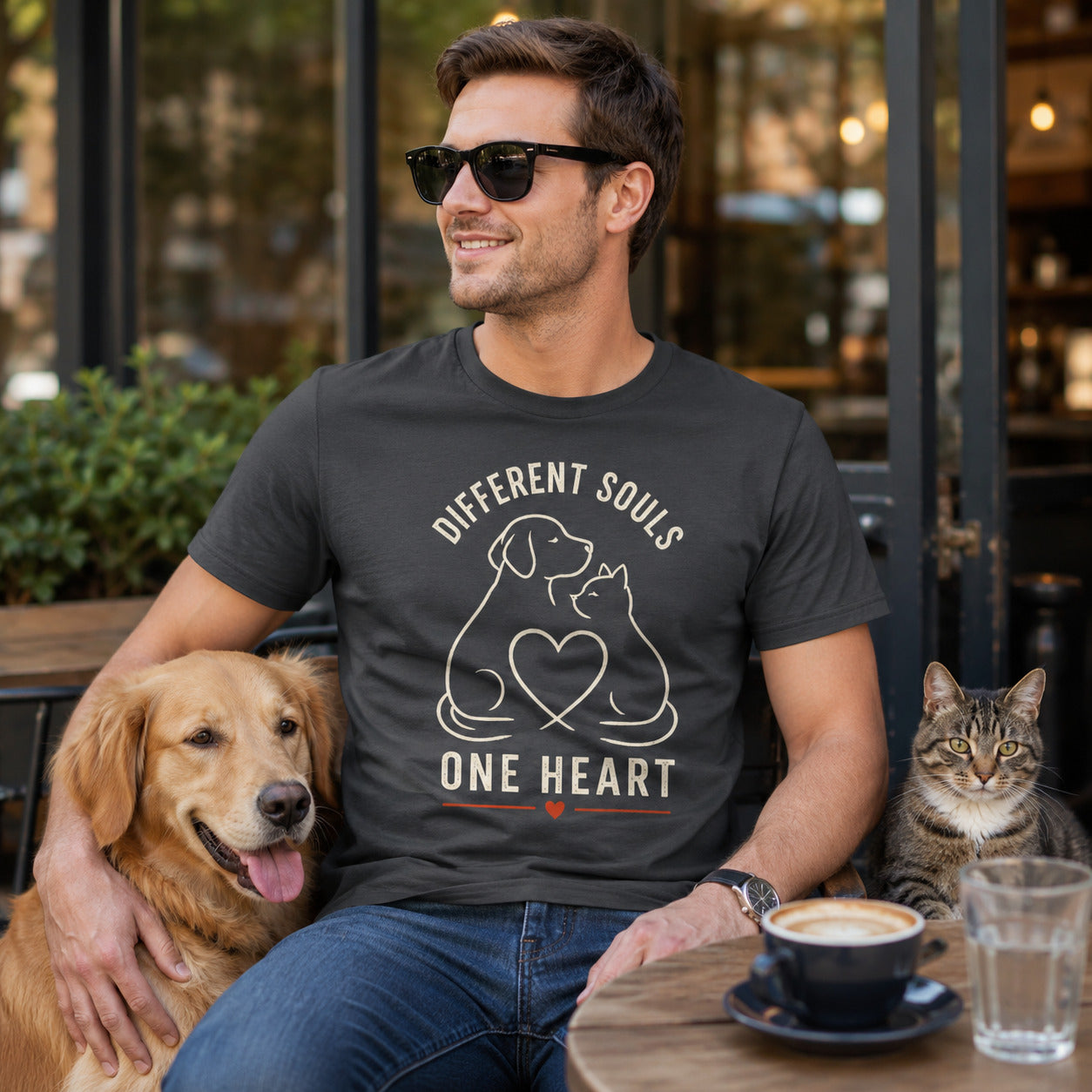 Different Souls One Heart T-Shirt | Dog & Cat Lover Tee | Pet Print Lab