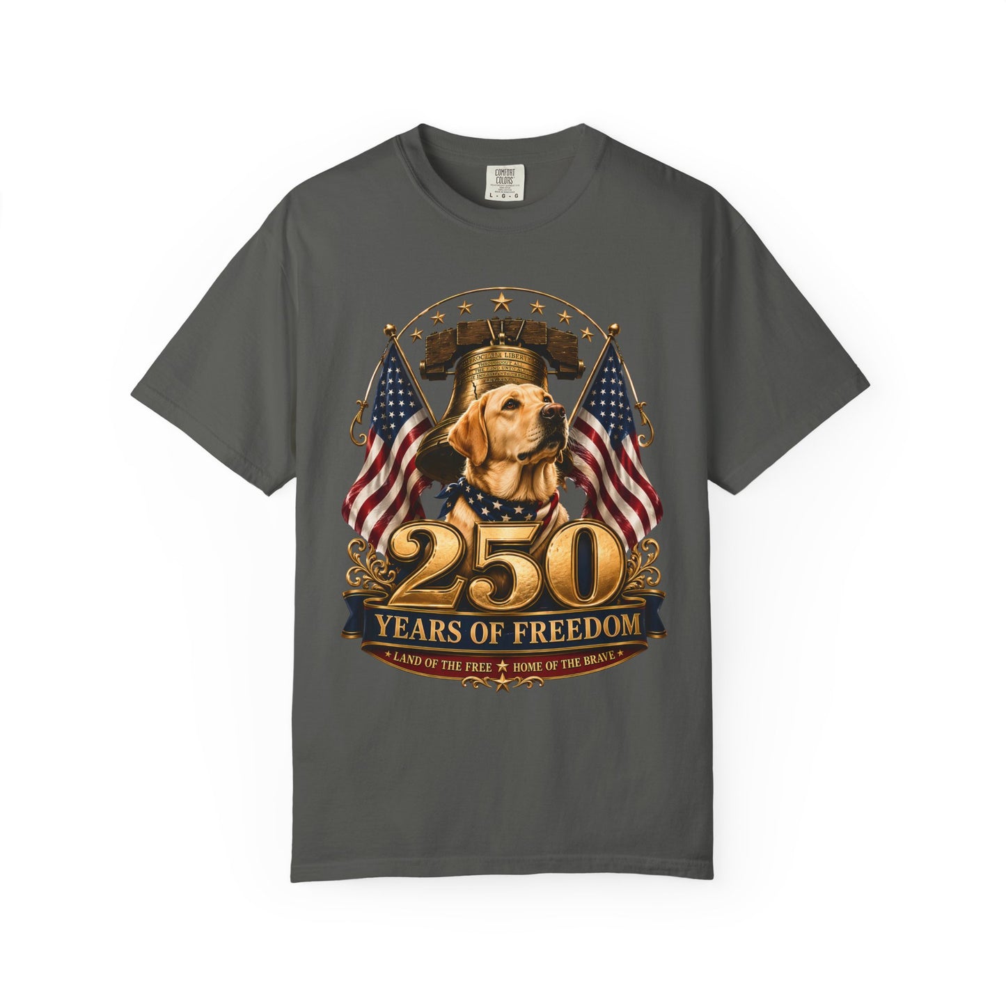 Patriotic 250 Years of Freedom T-Shirt — Golden Labrador & Flags Memorial Tee