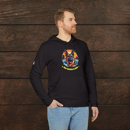 Man wearing a black adidas unisex fleece hoodie with vibrant German Shepherd dog illustration and colorful pet lover design.
