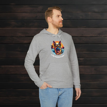 Man modeling a Grey Heather adidas® unisex fleece hoodie with colorful dog lover artwork and “Stay Pawsitive in Style with PET PRINT LAB!” text.