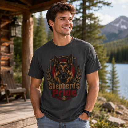 Model wearing a graphite Shepherd's Pride t-shirt with a German Shepherd in a lifestyle scene