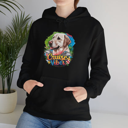 Woman wearing a black unisex heavy blend hooded sweatshirt featuring a colorful Labrador “Cruise Vibes” graphic, cozy casual dog lover apparel.