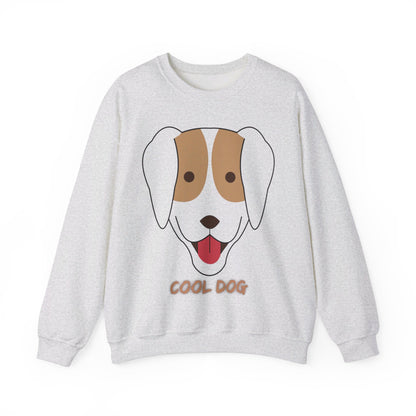 Flat lay product image of an ash unisex heavy blend crewneck sweatshirt featuring playful “Cool Dog” illustration and classic casual comfort.