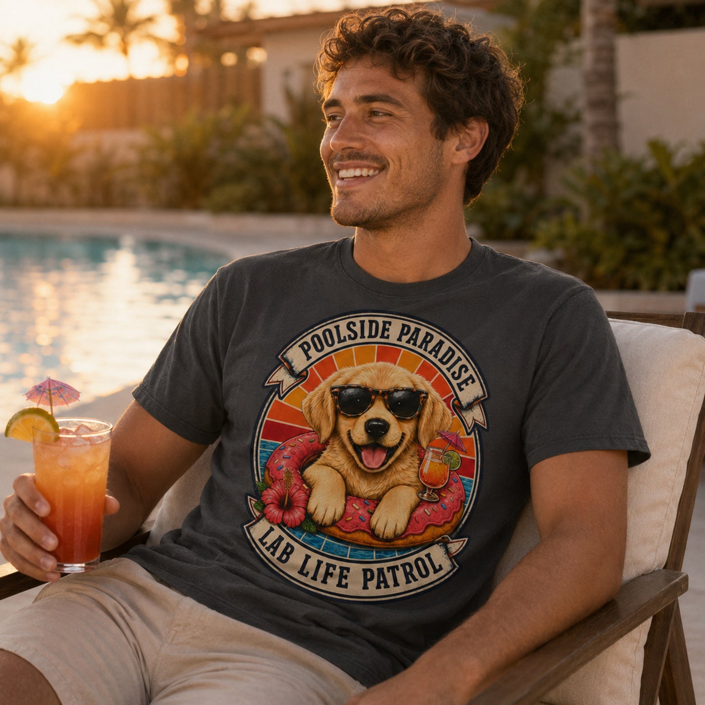 Poolside Paradise T-Shirt | Golden Retriever Puppy Pool Float Tee | Pet Print Lab