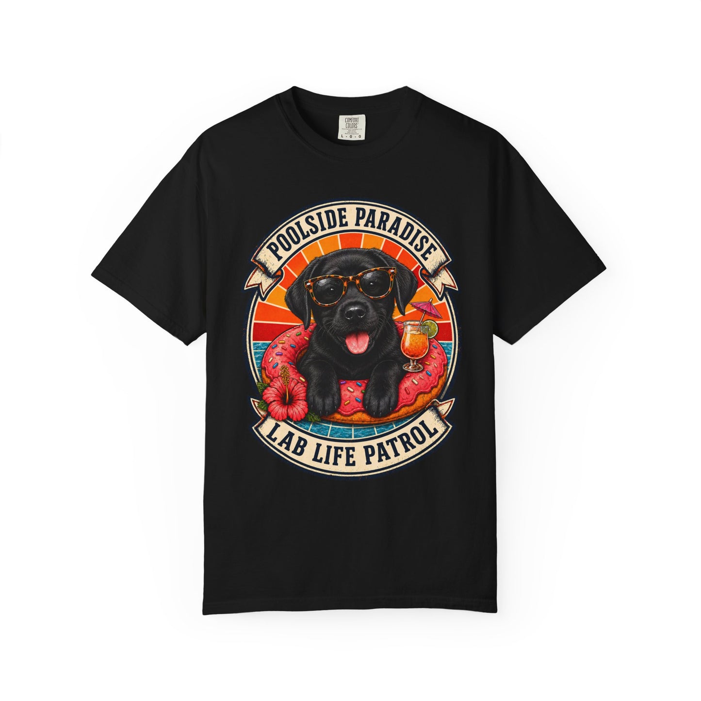 Poolside Paradise Lab Life Petrol - Black Labrador Unisex Garment-Dyed T-shirt