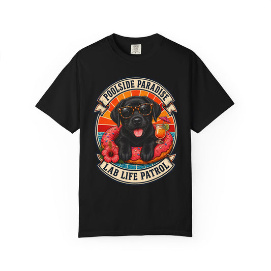 Poolside Paradise Lab Life Petrol - Black Labrador Unisex Garment-Dyed T-shirt