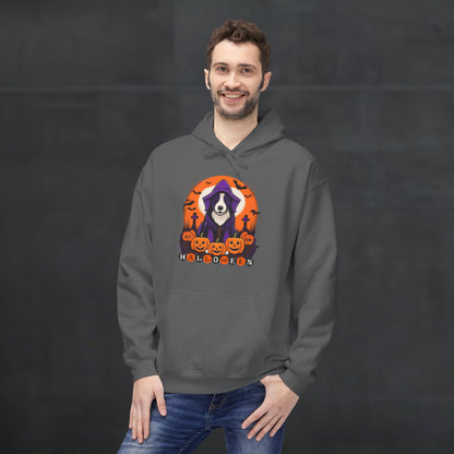 Man wearing a charcoal gray Halloween hoodie featuring a spooky dog in a purple hooded costume with pumpkins, bats, and Halloween lettering, festive dog lover hoodie mockup with cozy autumn style.