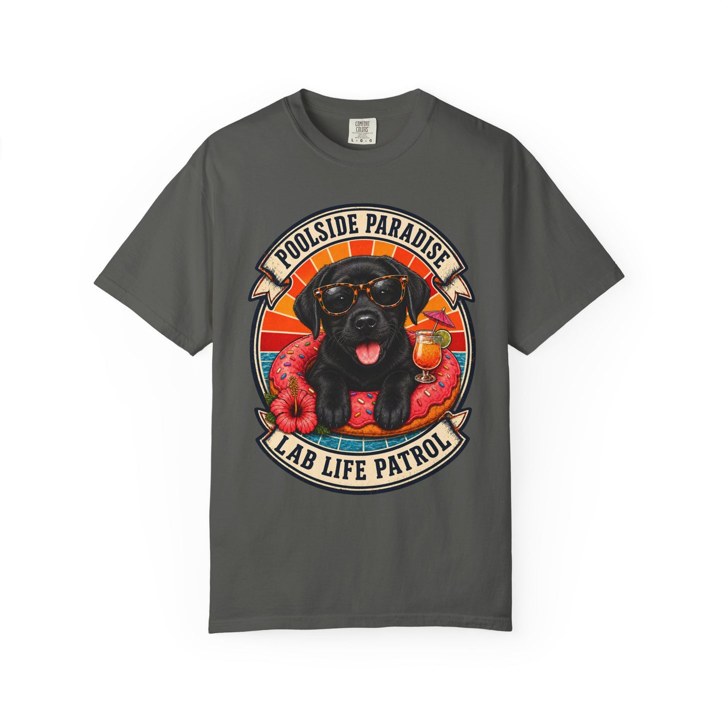 Poolside Paradise Lab Life Petrol - Black Labrador Unisex Garment-Dyed T-shirt