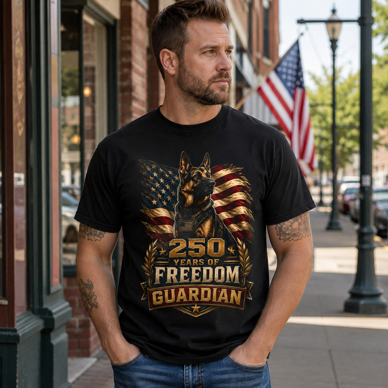 T-Shirt — "250 Years of Freedom" Guardian K9 American Flag Tee
