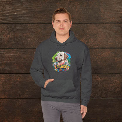 Man wearing a charcoal unisex heavy blend hooded sweatshirt featuring colorful Labrador artwork and retro “Cruise Vibes” text.