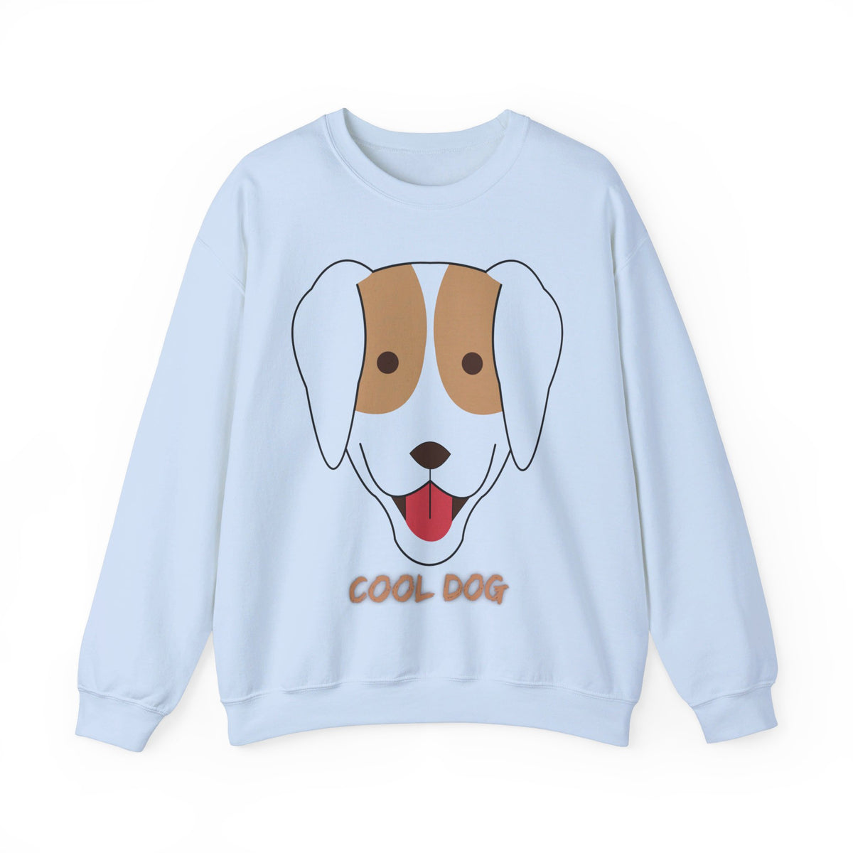 Flat lay product image of a light blue unisex heavy blend crewneck sweatshirt featuring minimalist “Cool Dog” dog artwork and cozy comfort.