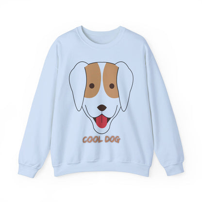 Flat lay product image of a light blue unisex heavy blend crewneck sweatshirt featuring minimalist “Cool Dog” dog artwork and cozy comfort.