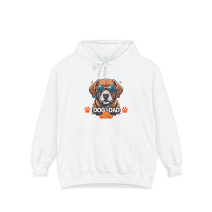 White unisex hoodie mockup featuring a colorful “Dog Dad” graphic with sunglasses-wearing dog artwork, stylish pet lover hoodie with vibrant orange and blue accents.
