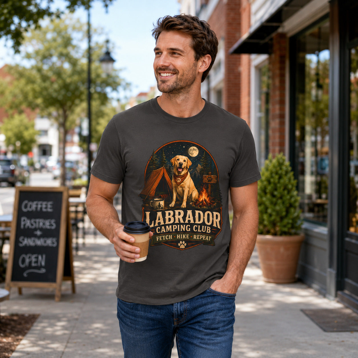 Labrador Camping Club T-Shirt — "Fetch • Hike • Repeat" Dog Lover Tee