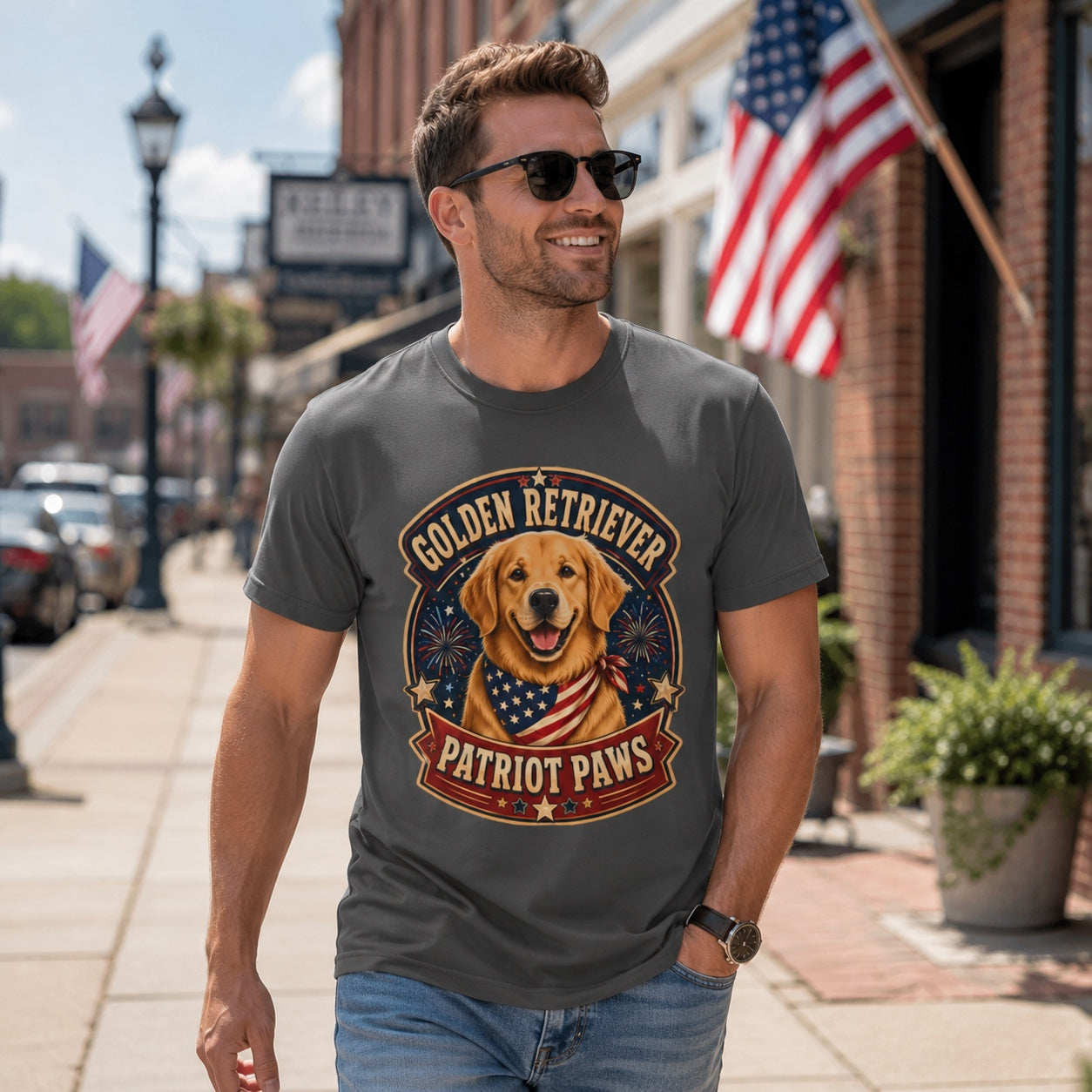 Golden Retriever Patriot Paws T-Shirt | American Flag Bandana Dog Tee | Pet Print Lab