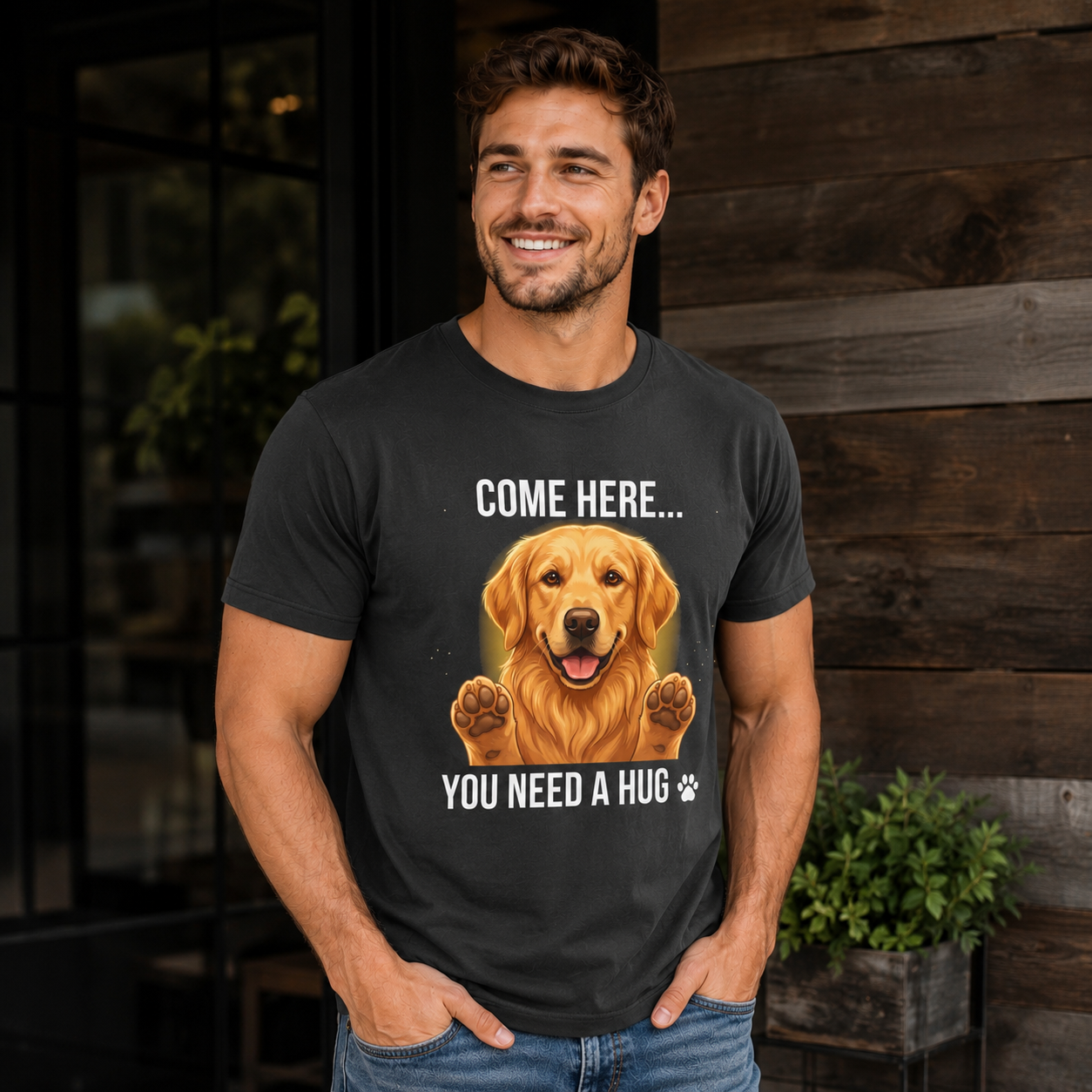 Smiling man wearing a graphite-colored Golden Retriever dog lover T-shirt featuring the quote “COME HERE… YOU NEED A HUG,” casual outdoor lifestyle setting with rustic wooden background, blue jeans, warm natural lighting, premium pet lover apparel mockup for ecommerce product display.