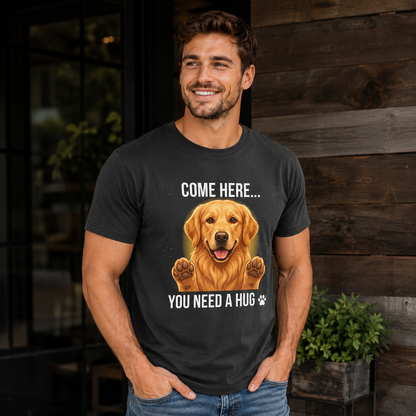 Man wearing a graphite Come Here You Need a Hug t-shirt outdoors against a rustic wooden background