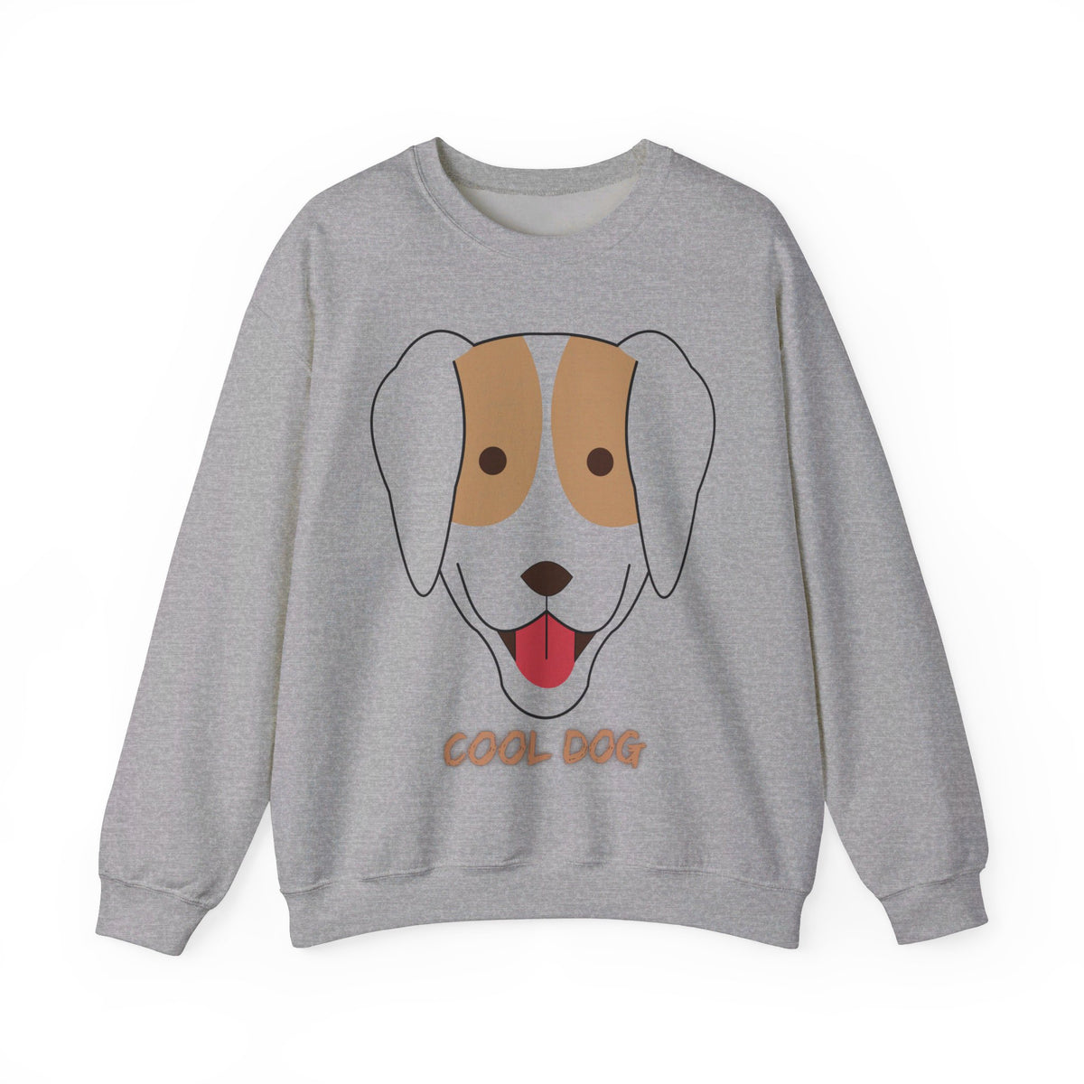 Flat lay product image of a sport grey unisex heavy blend crewneck sweatshirt featuring minimalist “Cool Dog” graphic and soft fleece material.