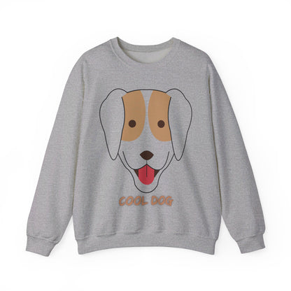 Flat lay product image of a sport grey unisex heavy blend crewneck sweatshirt featuring minimalist “Cool Dog” graphic and soft fleece material.
