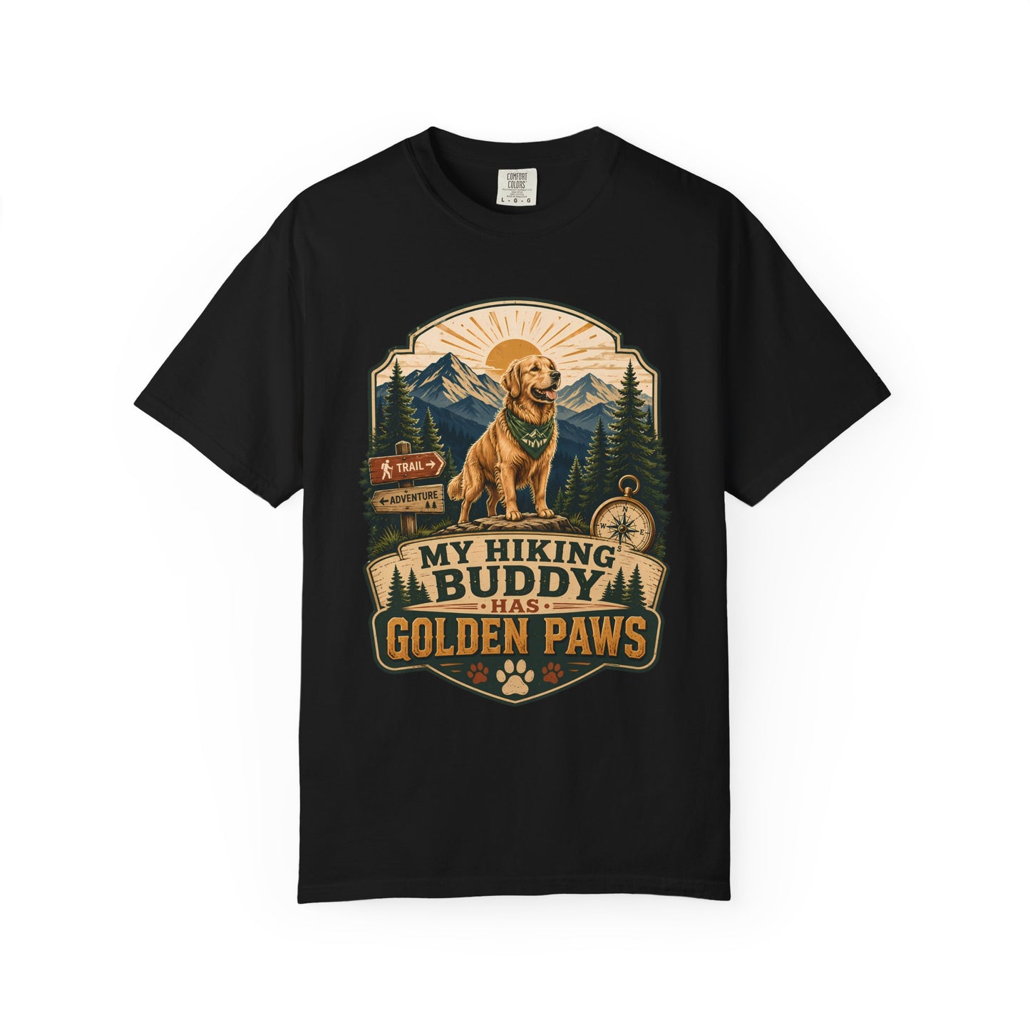 Golden Retriever Hiking T-Shirt — "My Hiking Buddy Has Golden Paws" Outdoor Dog Lover Tee