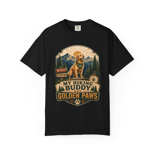 Golden Retriever Hiking T-Shirt — "My Hiking Buddy Has Golden Paws" Outdoor Dog Lover Tee
