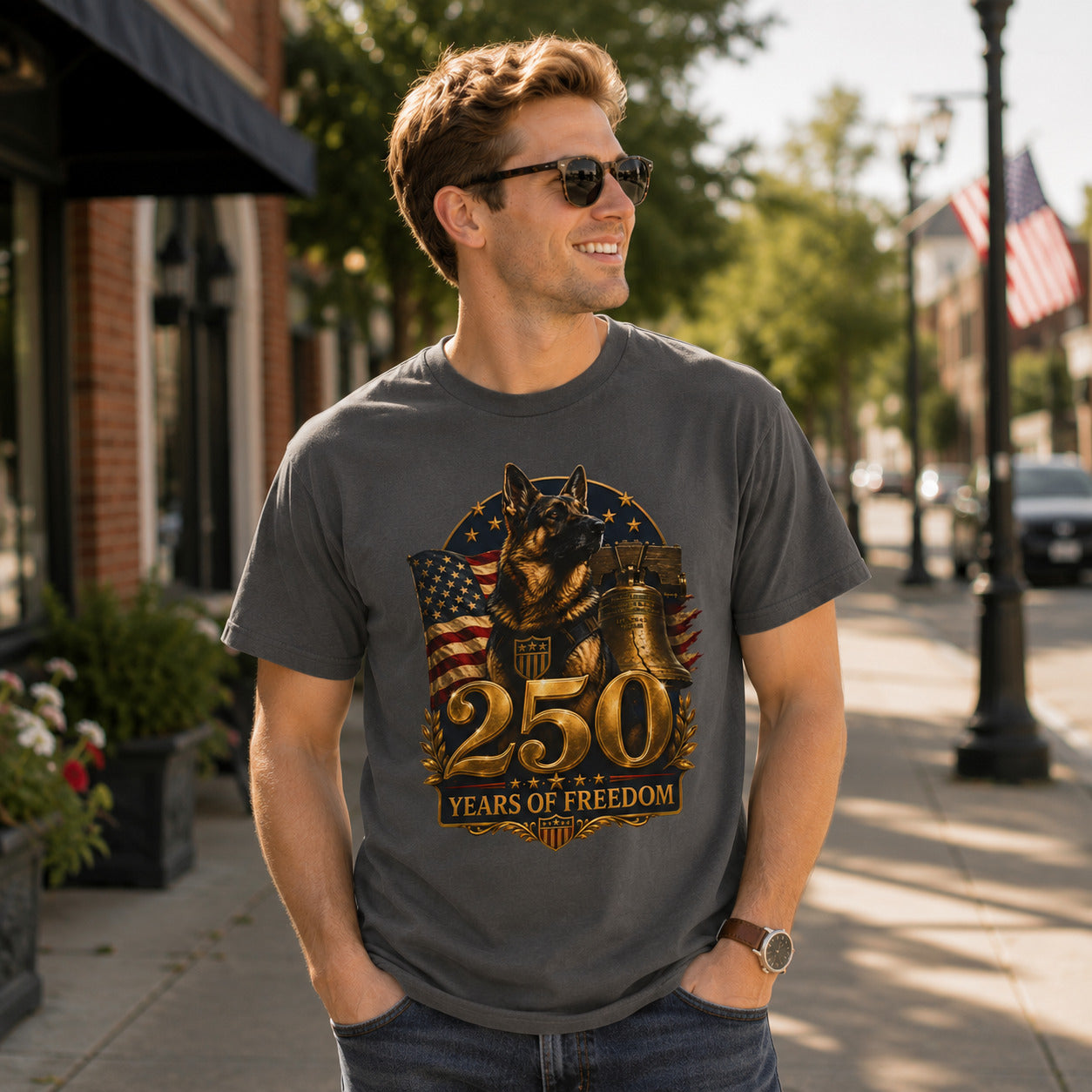 250 Years of Freedom Patriotic T-Shirt — American Flag, Liberty Bell & K9 Tribute