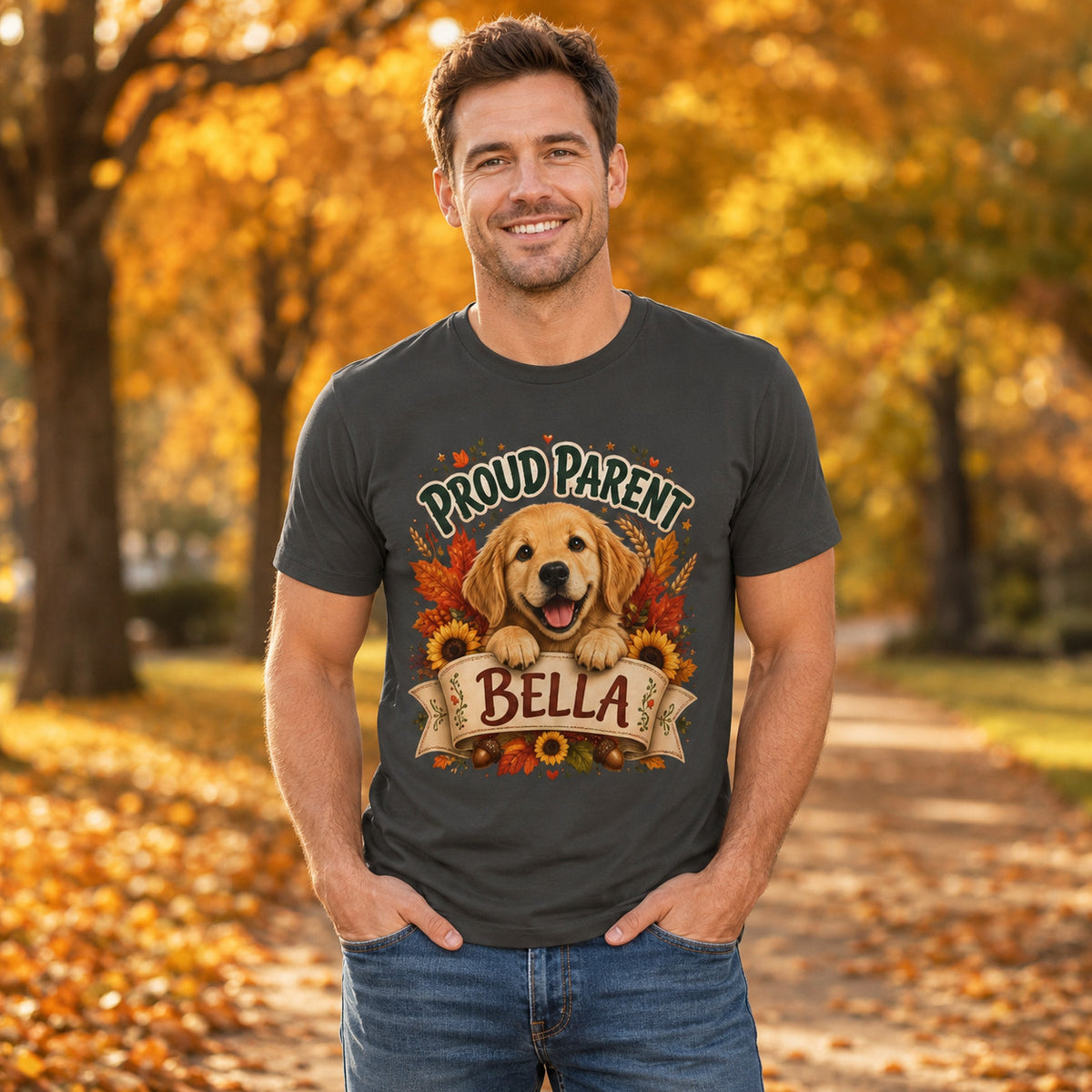 Model wearing a graphite Proud Parent Bella t-shirt with a Golden Retriever in a lifestyle scene