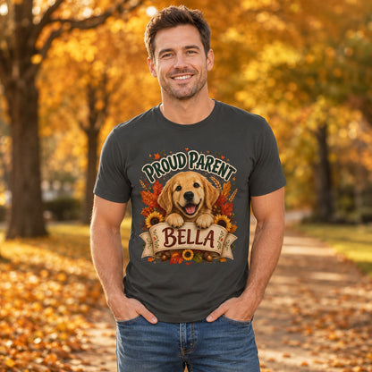 Model wearing a graphite Proud Parent Bella t-shirt with a Golden Retriever in a lifestyle scene