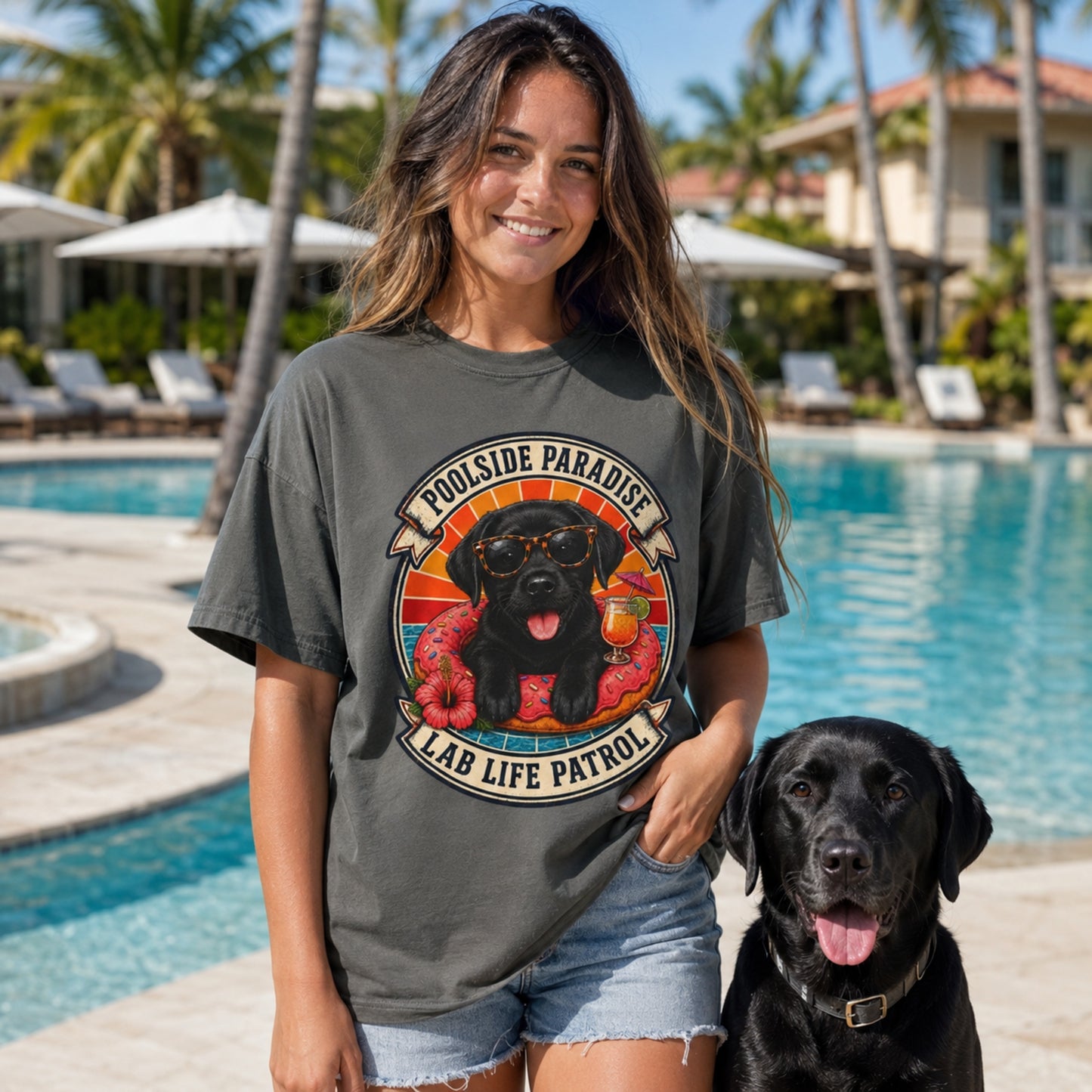 Poolside Paradise T-Shirt | Black Labrador Puppy Pool Float Tee | Pet Print Lab