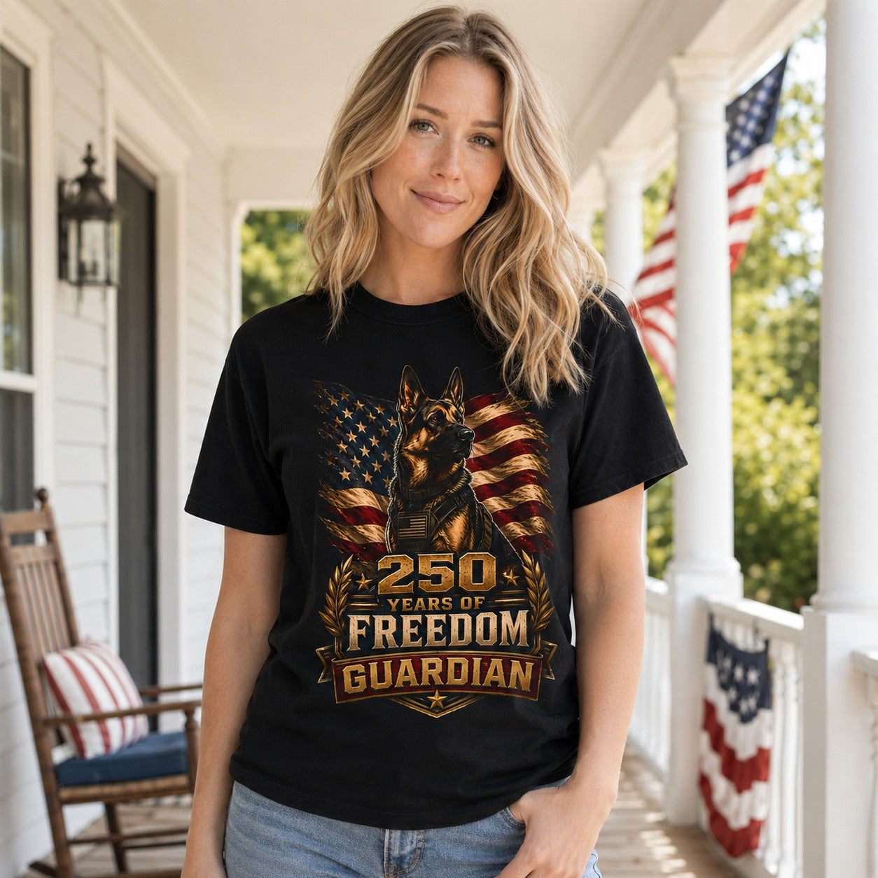 T-Shirt — "250 Years of Freedom" Guardian K9 American Flag Tee