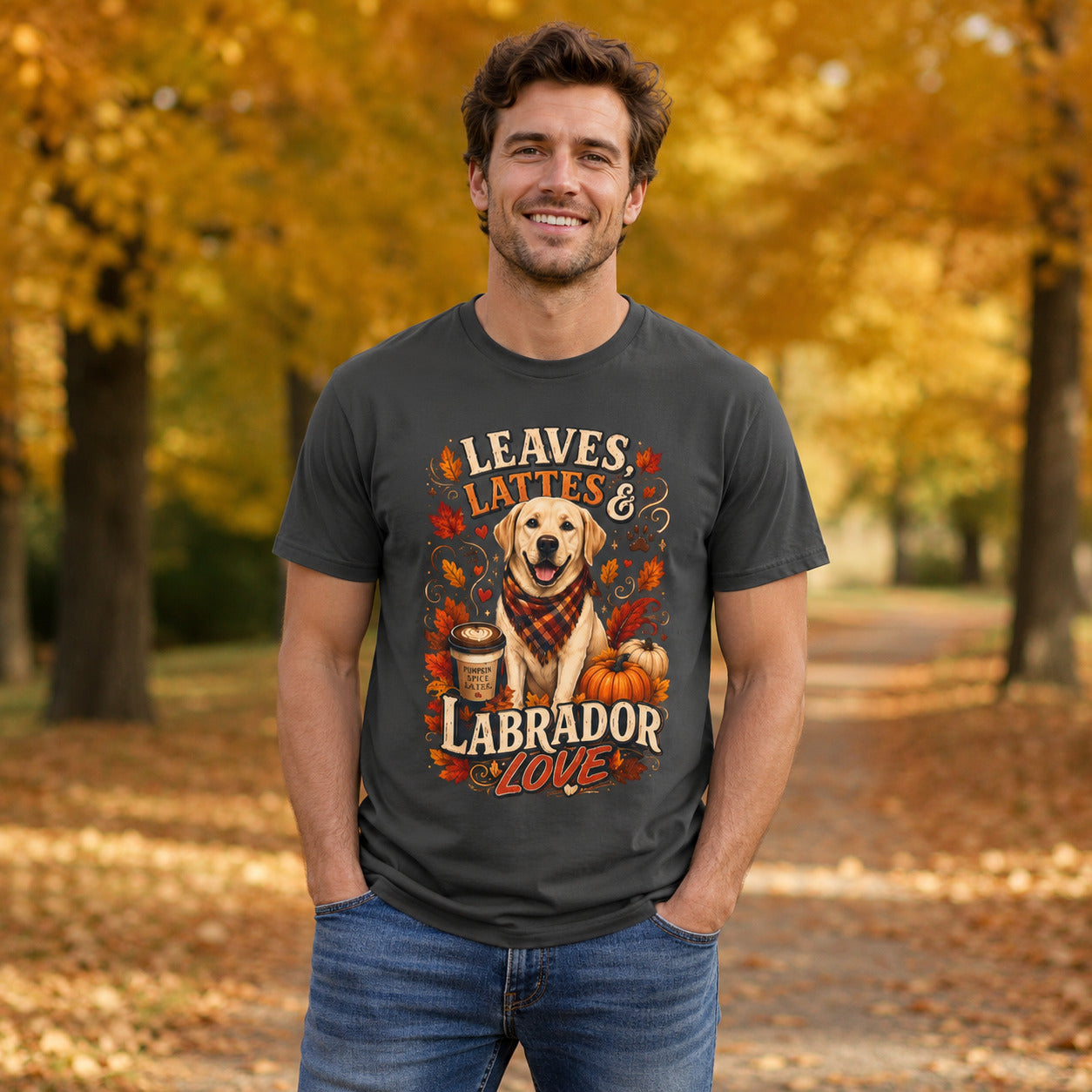 Man wearing black Labrador Love fall t-shirt under golden autumn trees