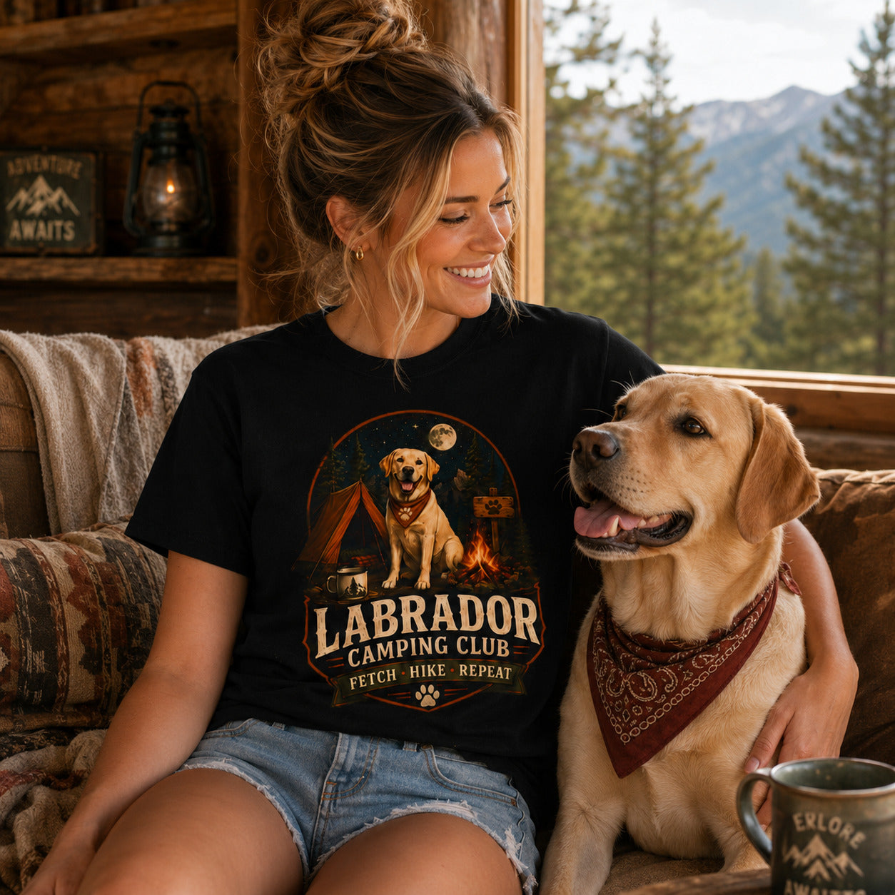 Labrador Camping Club T-Shirt — "Fetch • Hike • Repeat" Dog Lover Tee