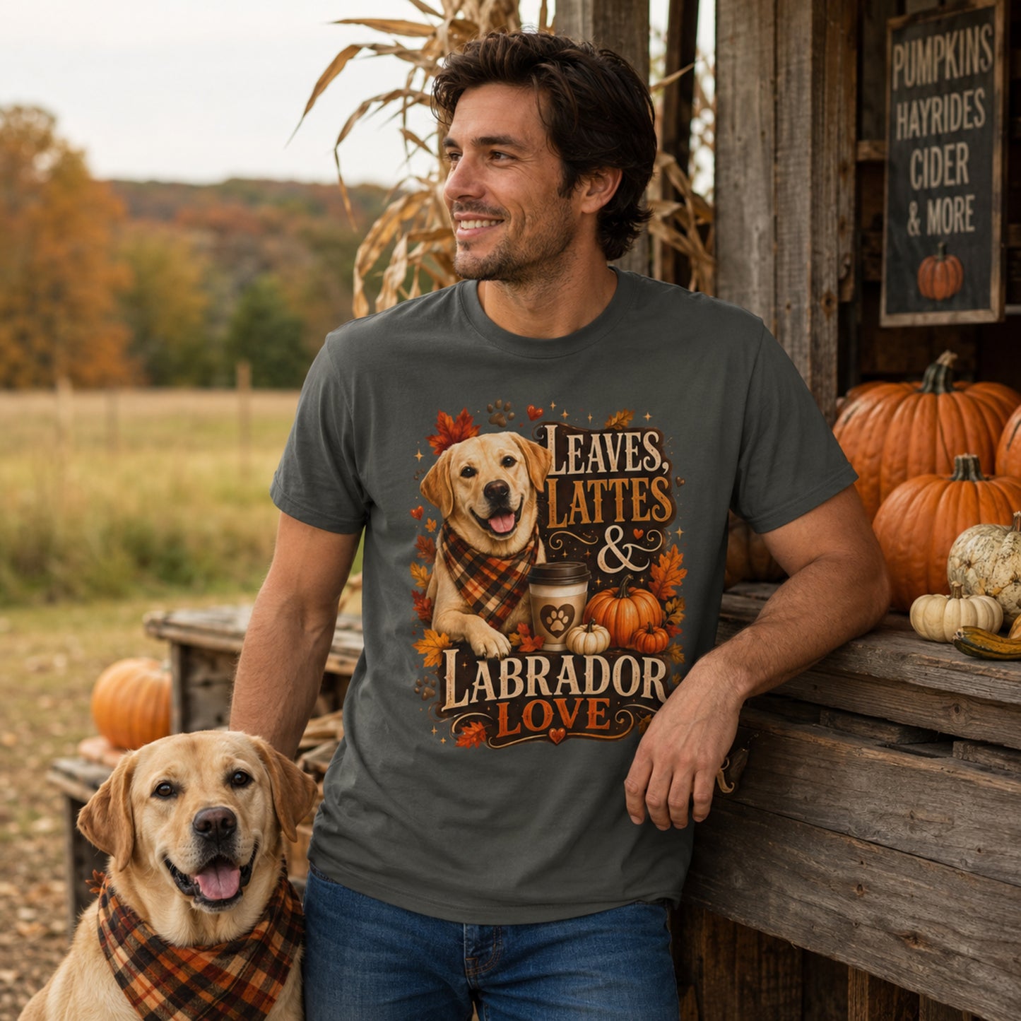 Labrador Fall T-Shirt | Leaves & Lattes Autumn Dog Tee | Pet Print Lab