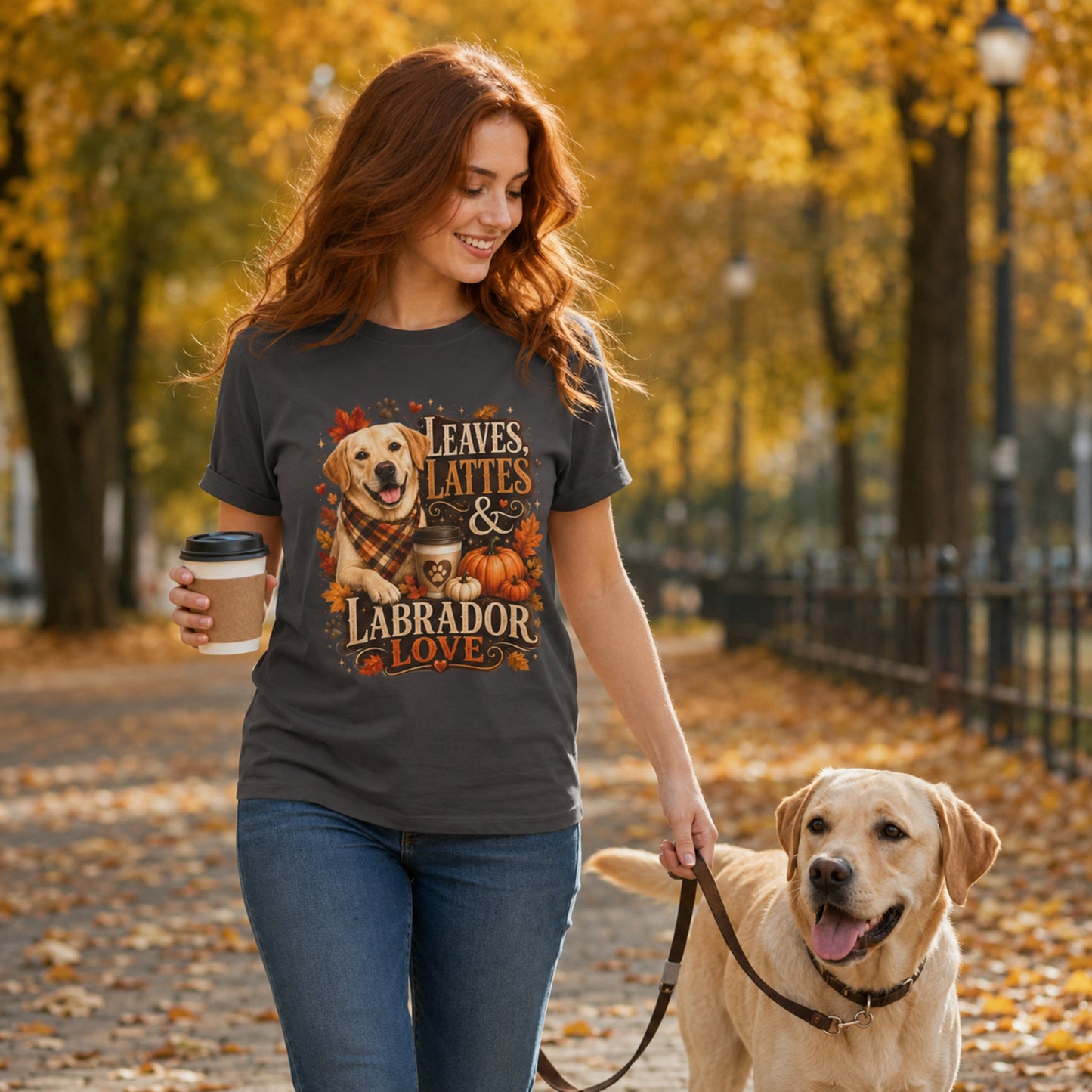Model wearing a graphite Leaves Lattes & Labrador Love t-shirt with a Labrador in an autumn scene