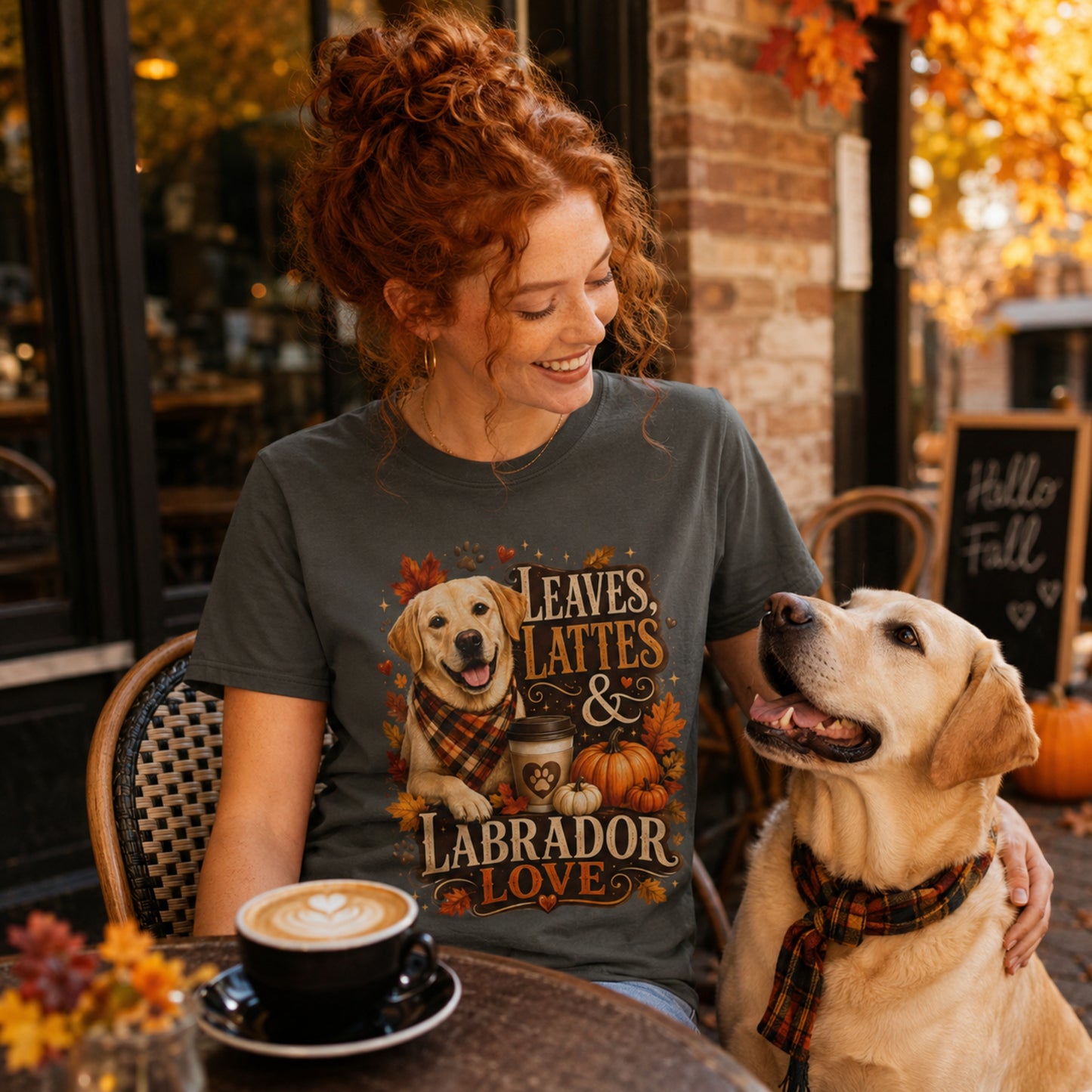 Labrador Fall T-Shirt | Leaves & Lattes Autumn Dog Tee | Pet Print Lab