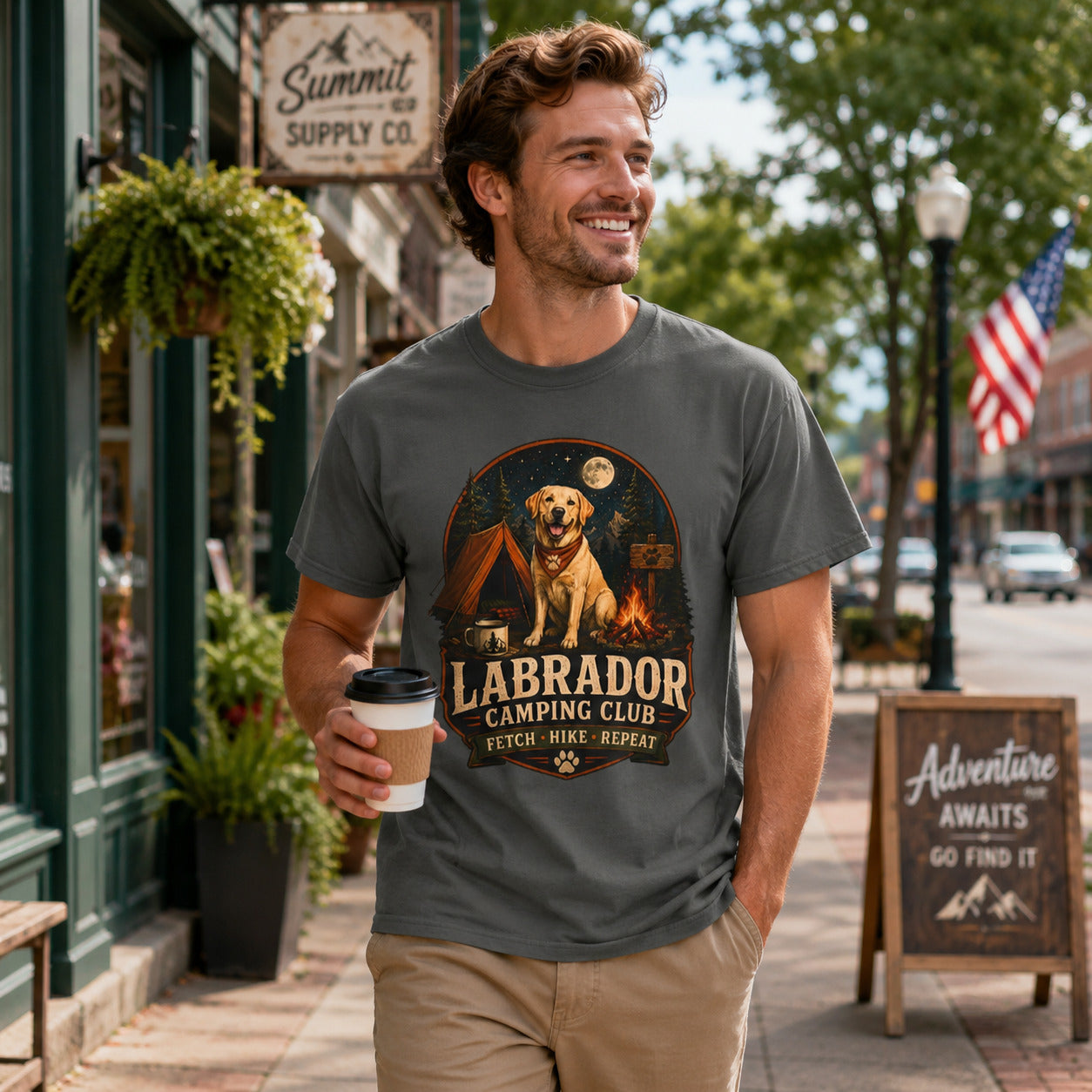 Labrador Camping Club T-Shirt — "Fetch • Hike • Repeat" Dog Lover Tee