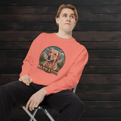 Man wearing a terracotta unisex garment-dyed crewneck sweatshirt featuring a Labrador Retriever illustration and relaxed fit design.