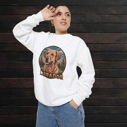 Woman posing in a white unisex garment-dyed crewneck sweatshirt with vintage Labrador artwork and casual pet lover style.
