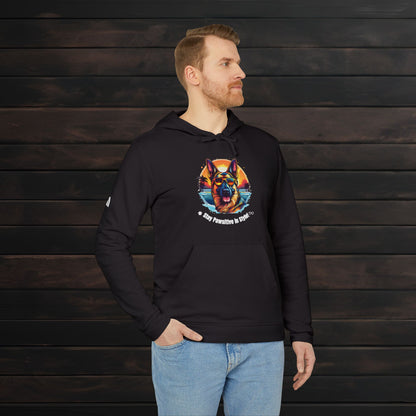 Man wearing a black adidas® unisex fleece hoodie featuring vibrant dog artwork and “Stay Pawsitive in Style with PET PRINT LAB!” text.