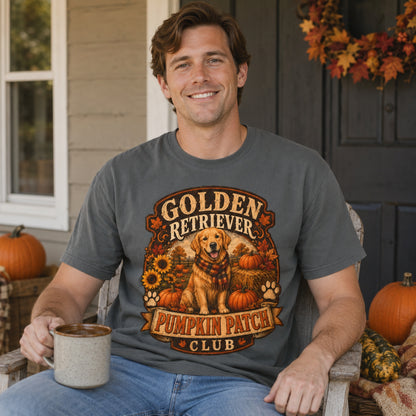 Model wearing a pepper Golden Retriever Pumpkin Patch t-shirt with a Golden Retriever at a pumpkin patch