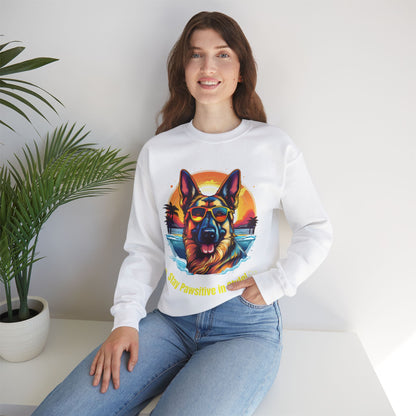 Woman posing in a white unisex heavy blend crewneck sweatshirt featuring colorful German Shepherd artwork and casual cozy styling.