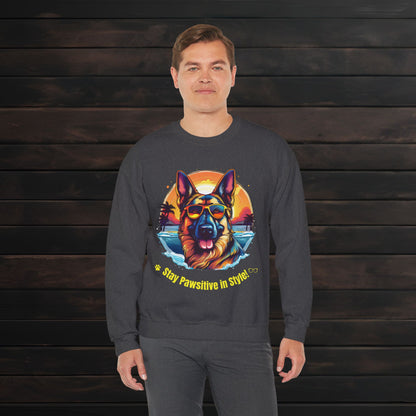 Man wearing a dark heather unisex heavy blend crewneck sweatshirt with vibrant German Shepherd illustration and relaxed fit design.